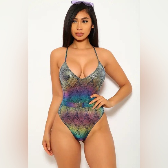 Matte Collection METALLIC RAINBOW SNAKE PRINT 1 PIECE SWIMSUIT SIZE SMALL NEW - Picture 1 of 8